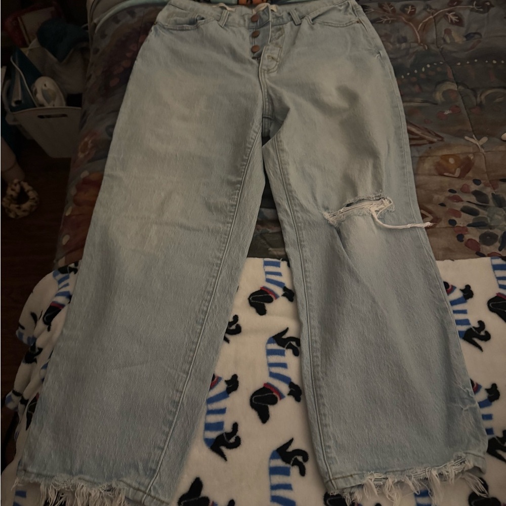 Trendy Light Blue Distressed Wide Leg Jeans